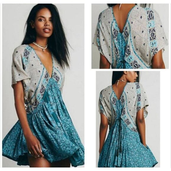 Free People Wild World Mini Dress Tapestry Boho Floral Paisley Kimono Sleeveless - Picture 1 of 9